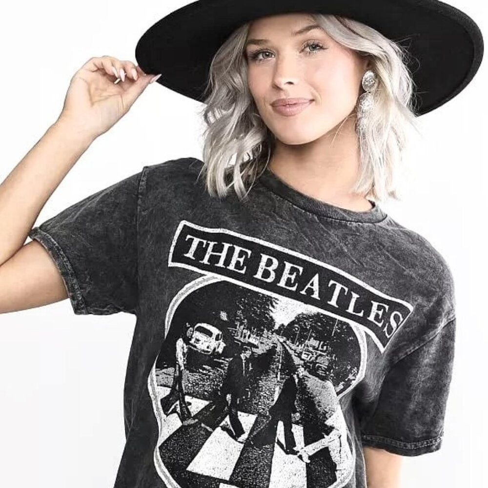 THE BEATLES Abbey Road Graphic T-Shirt Short Sleeve Vintage Wash Charcoal 2XL